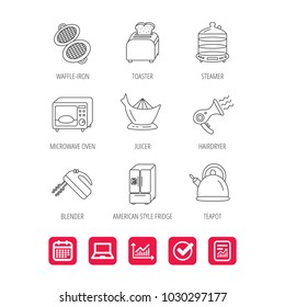 Microwave oven, teapot and blender icons. Refrigerator fridge, juicer and toaster linear signs. Hair dryer, steamer and waffle-iron icons. Report document, Graph chart and Calendar signs. Vector