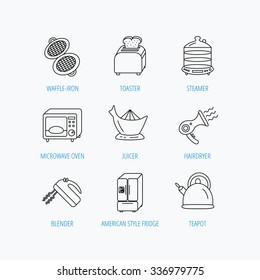 Microwave oven, teapot and blender icons. Refrigerator fridge, juicer and toaster linear signs. Hair dryer, steamer and waffle-iron icons. Linear set icons on white background.