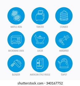 Microwave oven, teapot and blender icons. Refrigerator fridge, juicer and toaster linear signs. Hair dryer, steamer and waffle-iron icons. Blue circle buttons set. Linear icons.