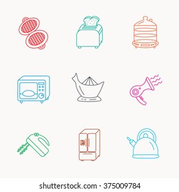 Microwave oven, teapot and blender icons. Refrigerator fridge, juicer and toaster linear signs. Hair dryer, steamer and waffle-iron icons. Linear colored icons.