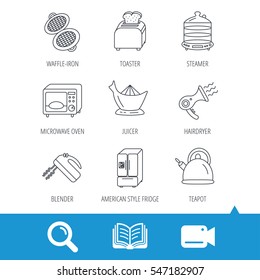 Microwave oven, teapot and blender icons. Refrigerator fridge, juicer and toaster linear signs. Hair dryer, steamer and waffle-iron icons. Video cam, book and magnifier search icons. Vector