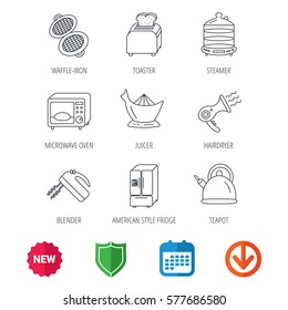 Microwave oven, teapot and blender icons. Refrigerator fridge, juicer and toaster linear signs. Hair dryer, steamer and waffle-iron icons. New tag, shield and calendar web icons. Download arrow