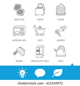 Microwave oven, teapot and blender icons. Refrigerator fridge, juicer and toaster linear signs. Hair dryer, steamer and waffle-iron icons. Light bulb, speech bubble and leaf web icons. Vector