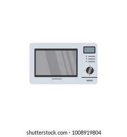 Microwave oven with timer, selection knob and closed door, flat style vector illustration isolated on white background. Flat style front view picture of microwave oven