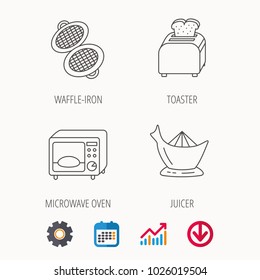 Microwave oven, toaster and juicer icons. Waffle-iron linear sign. Calendar, Graph chart and Cogwheel signs. Download colored web icon. Vector