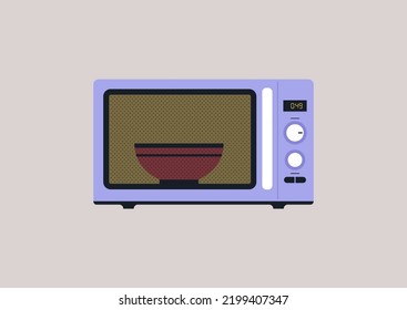 A microwave oven with tumblers and buttons, a kitchenware appliance with a bowl of soup warming inside