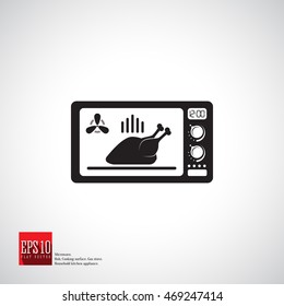 Microwave oven vector icon with open door, digital display, handles and buttons, fan and hot fried chicken into microwave, kitchen household equipment. 