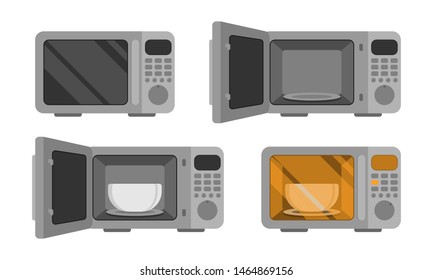 Microwave oven. Vector set  illustration. Power off, open, with dish, power on. An automatic appliances used for cooking