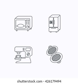 Microwave oven, waffle-iron and American style fridge icons. Coffee maker linear sign. Flat linear icons on white background. Vector