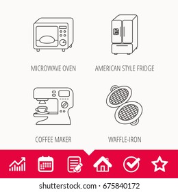 Microwave oven, waffle-iron and American style fridge icons. Coffee maker linear sign. Edit document, Calendar and Graph chart signs. Star, Check and House web icons. Vector