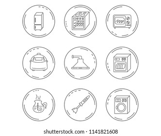 Microwave oven, washing machine and blender icons. Refrigerator fridge, dishwasher and multicooker linear signs. Coffee icon. Linear Circles web buttons with icons. Vector