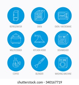 Microwave oven, washing machine and blender icons. Refrigerator fridge, dishwasher and multicooker linear signs. Coffee icon. Blue circle buttons set. Linear icons.