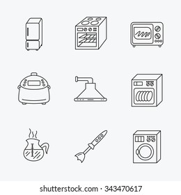 Microwave oven, washing machine and blender icons. Refrigerator fridge, dishwasher and multicooker linear signs. Coffee icon. Linear black icons on white background.