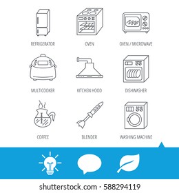 Microwave oven, washing machine and blender icons. Refrigerator fridge, dishwasher and multicooker linear signs. Coffee icon. Light bulb, speech bubble and leaf web icons. Vector
