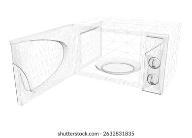 Um forno de micro-ondas com fundo branco. O micro-ondas está no meio da imagem. O micro-ondas é uma caixa branca com uma alça preta
