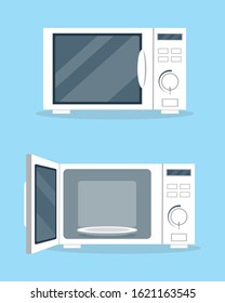 Microwave ovens with open and closed door in flat style. Kitchen equipment icon vector illustration.