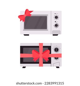 Microwave ovens with red bows and ribbons flat style, vector illustration isolated on white background. Present, decorative design element, kitchen equipment for heating food