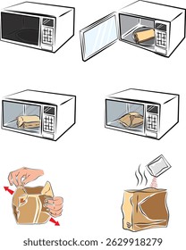Micro-ondas pipoca fazendo ilustração de vetor passo a passo