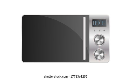 Microondas en un estilo realista. Cocina microondas aislada en un fondo blanco. Vector.