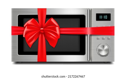 Microwave with red ribbon and bow. 3D rendering. Gift concept. Realistic vector illustration isolated on white background