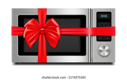 Microwave with red ribbon and bow. 3D rendering. Gift concept. Realistic vector illustration isolated on white background