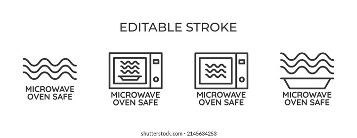 Microwave safe. For packaging or labeling, the suitability of the cookware for heating and cooking. Set of linear icons. Vector illustration.