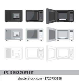 Conjunto de microondas de color y onda de línea. Puerta abierta y cerrada. Los lados superior y trasero. Horno para cocina rápida. Ilustración vectorial de caricatura plana