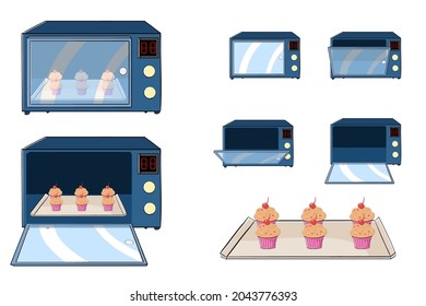 Microwave set ready for animation, Open and close oven poses in front view illustration isolated on white background