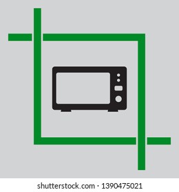 Microwave sign illustration. Black icon inside green crop tool at light gray background