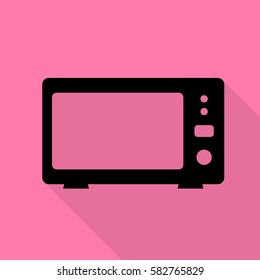 Microwave sign illustration. Black icon with flat style shadow path on pink background.