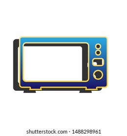 Microwave sign illustration. Blue icon with gold contour with dark gray shadow at white background. Illustration.