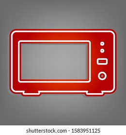 Microwave sign illustration. Flat red icon with linear white icon with gray shadow at grayish background. Illustration.