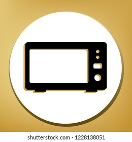 Microwave sign illustration. Vector. Black icon with light brown shadow in white circle with shaped ring at golden background.