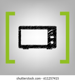 Microwave sign illustration. Vector. Black scribble icon in citron brackets on grayish background.