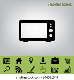 Microwave sign illustration. Vector. Black icon at gray background with bonus icons at celery ones