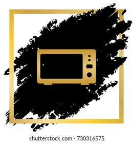 Microwave sign illustration. Vector. Golden icon at black spot inside golden frame on white background.