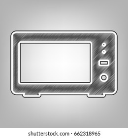Microwave sign illustration. Vector. Pencil sketch imitation. Dark gray scribble icon with dark gray outer contour at gray background.