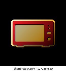 Microwave sign illustration. Vector. Red icon with small black and limitless shadows at golden sticker on black background.