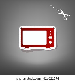 Microwave sign illustration. Vector. Red icon with for applique from paper with shadow on gray background with scissors.