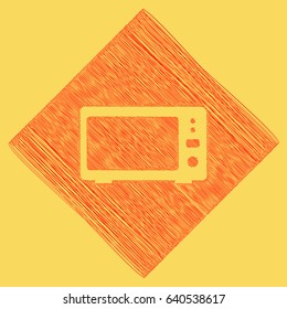 Microwave sign illustration. Vector. Red scribble icon obtained as a result of subtraction rhomb and path. Royal yellow background.