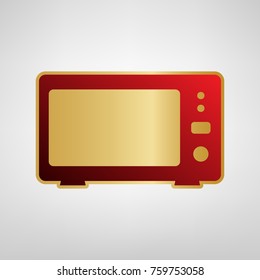 Microwave sign illustration. Vector. Red icon on gold sticker at light gray background.