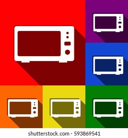 Microwave sign illustration. Vector. Set of icons with flat shadows at red, orange, yellow, green, blue and violet background.