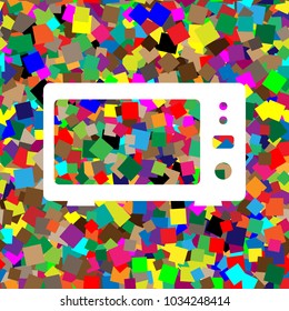 Microwave sign illustration. Vector. White icon on colorful background with seamless pattern from squares.
