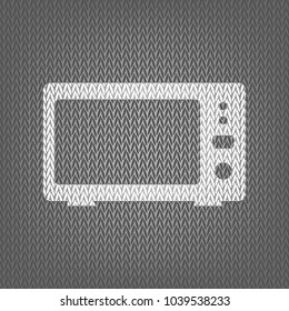 Microwave sign illustration. Vector. White knitted icon on gray knitted background. Isolated.