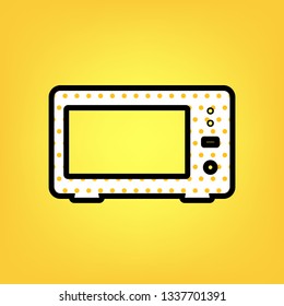 Microwave sign illustration. Vector. Yellow polka dot white icon with black contour at warm yellow background.