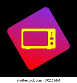 Microwave sign illustration. Vector. Yellow icon at violet-red gradient square with rounded corners rotated for dynamics on black background.