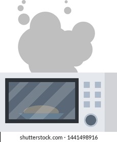 Microwave in smoke. Problem with household appliances. Repair and breakdown of the device. trouble cooking. Dangerous fire situation. Cartoon flat illustration