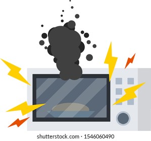 Microwave in smoke. Problem with household appliances. trouble cooking. Dangerous fire situation. Cartoon flat illustration. Red and orange spark. Repair and breakdown of device