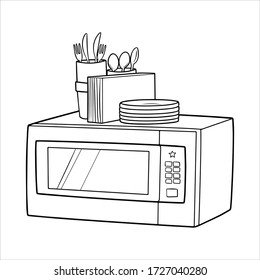Microwave and some kitchen staff outline icon isolated on white background. Kitchen and cooking design elements. Plate, knife, cup, napkins, spoon, fork. Household appliance in line art style. EPS 10