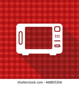 Microwave vector icon on red tablecloth texture with long shadow design 